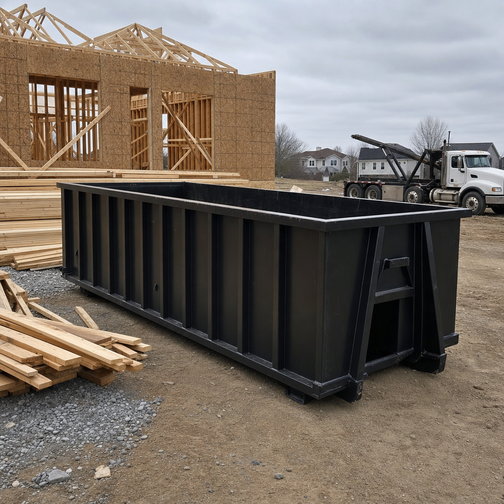 Matte-black 40-yard roll-off dumpster staged on a framed-out residential construction site in Waco, framing lumber stacked nearby, hooklift delivery truck visible in the background under bright Colorado daylight