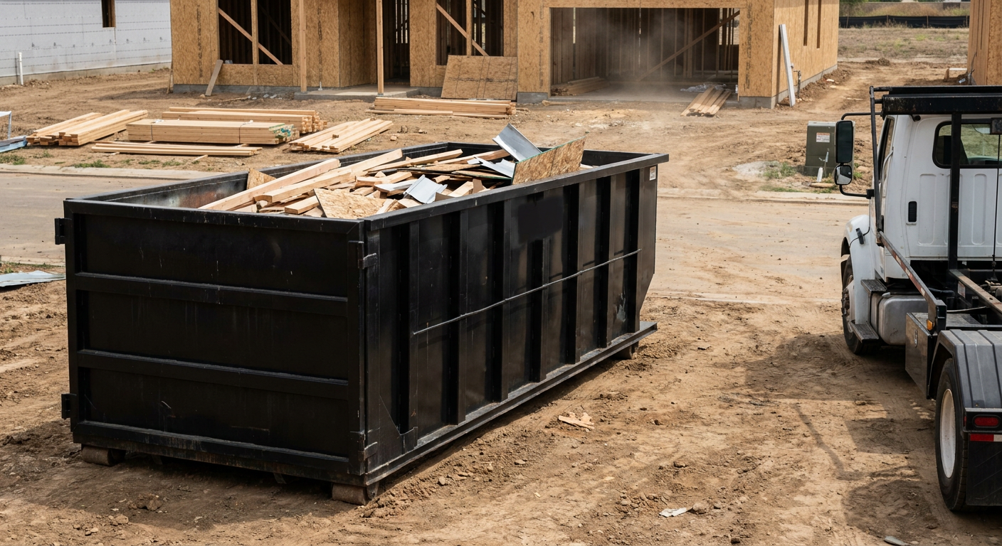 Matte-black 20-yard roll-off construction dumpster with heavy ribbed steel sidewalls and swing rear doors at a working jobsite in Waco, sitting directly on compacted dirt with an unmarked white hauler partially visible at the far edge of the frame.