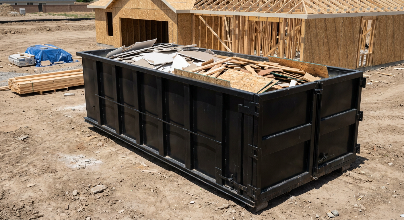 Matte-black 30-yard roll-off construction dumpster sitting directly on the compacted-dirt site of a framed single-family home build in Waco, drywall and lumber scrap loaded inside.