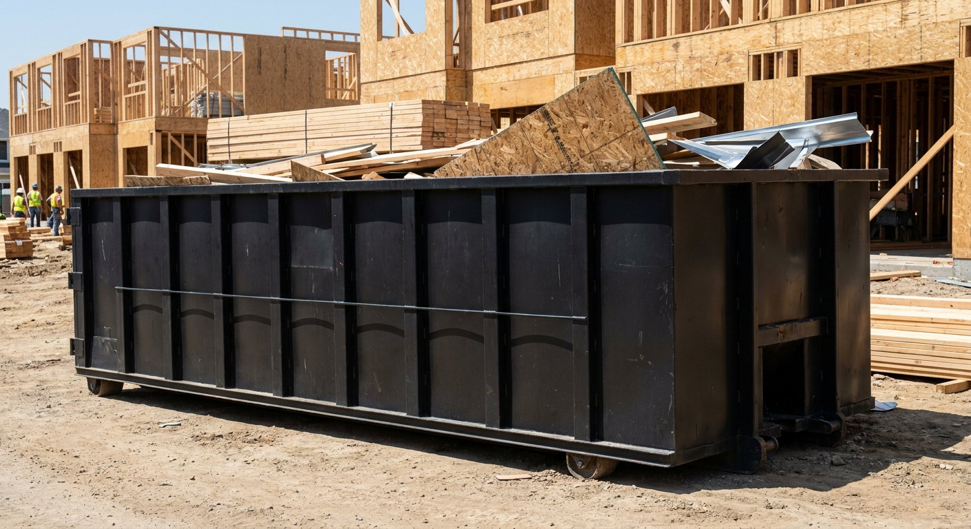 Matte-black 40-yard roll-off construction dumpster being lowered from a white-cab hooklift delivery truck onto the compacted-dirt jobsite at a commercial build site in Waco