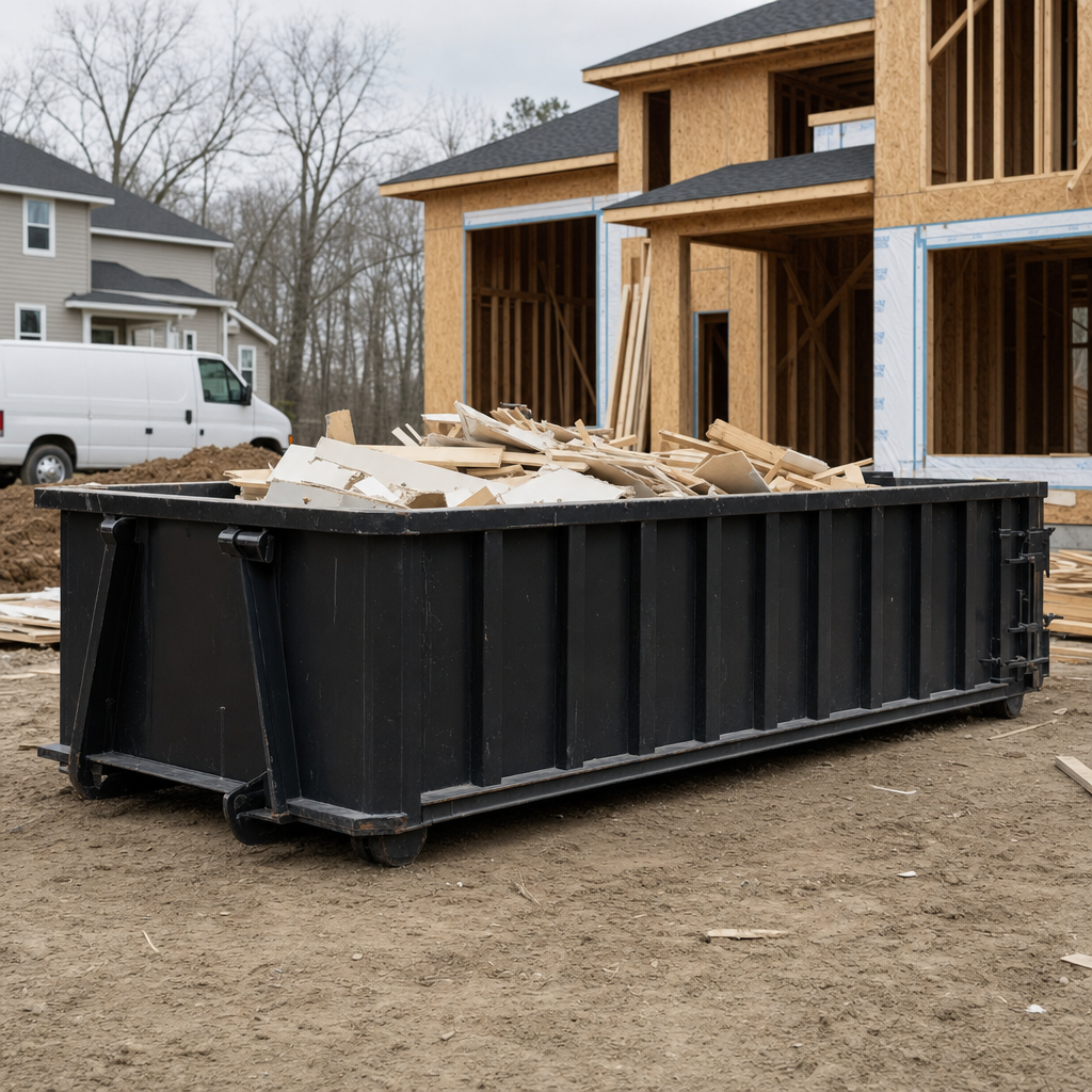 Worker in a yellow high-visibility vest tossing framing lumber and broken drywall into a matte-black 30-yard construction roll-off dumpster on an active build site in Waco, bright daylight