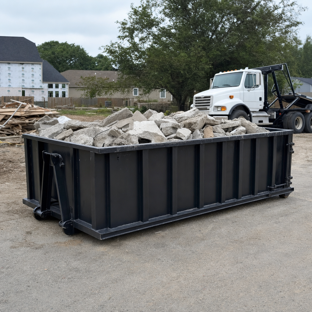 Low-profile matte-black lowboy roll-off dumpster loaded with broken concrete slab and rebar at a foundation tear-out in Waco, skid steer parked beside it, sunny Colorado morning