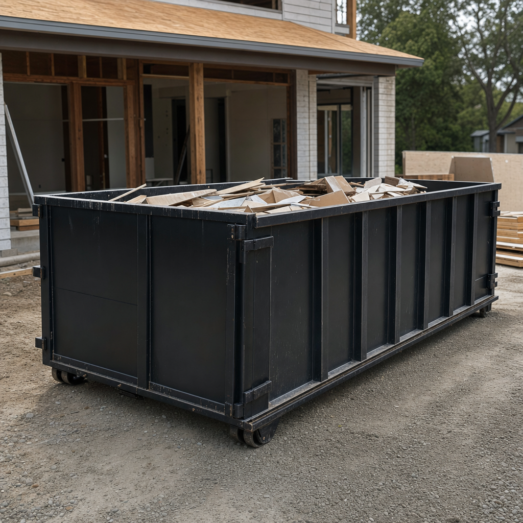 Large matte-black 30-yard construction roll-off dumpster at an active Waco jobsite, steel-gray top rails and bottom rollers visible, loaded with construction debris.