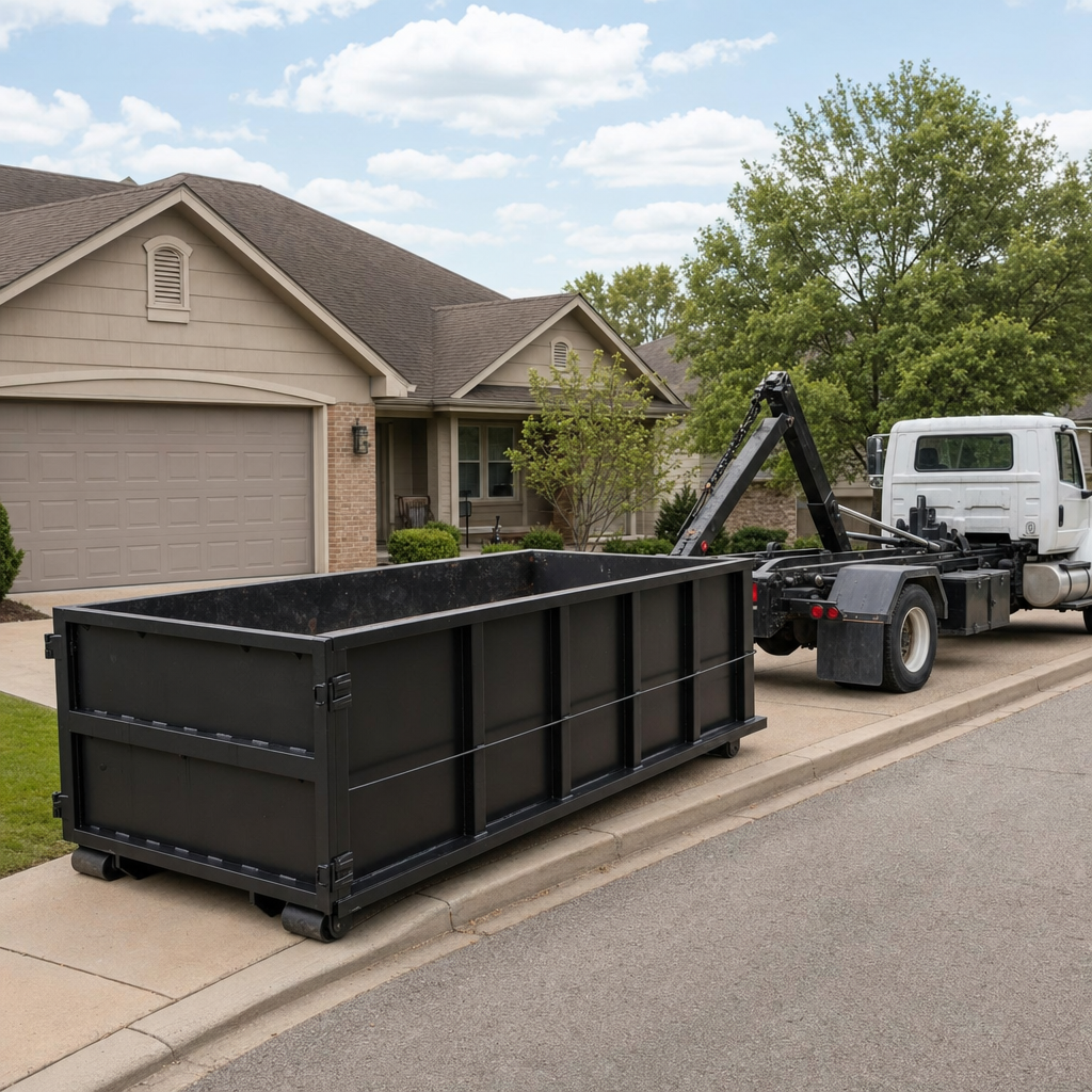 Wide documentary shot of a matte-black roll-off dumpster on a Waco residential driveway in the foreground and a contractor jobsite container in the soft-focus background, bright daylight, calm and orderly composition.