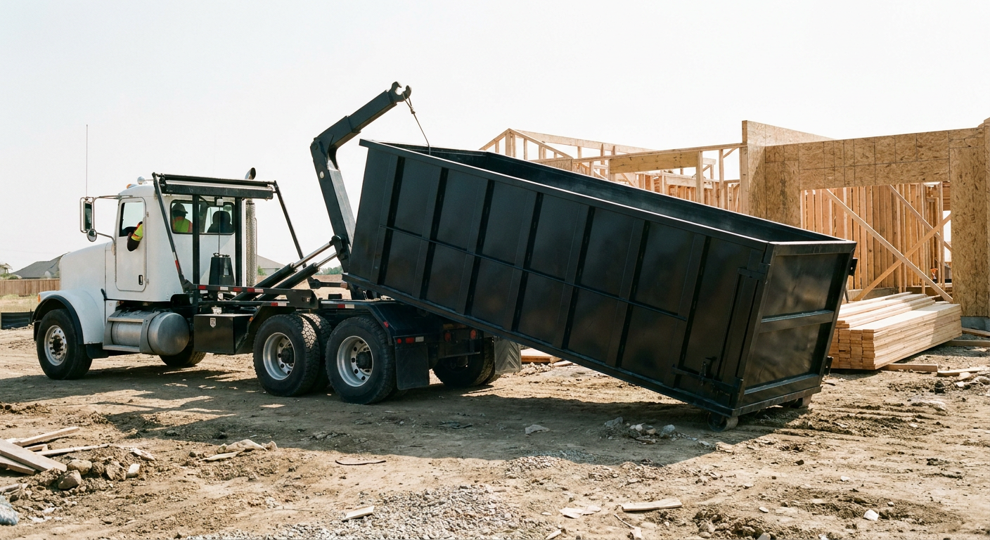 Matte-black roll-off dumpster being delivered onto a clean residential concrete driveway in Waco by an unmarked white hooklift hauler truck, bright morning daylight, documentary 35mm perspective.