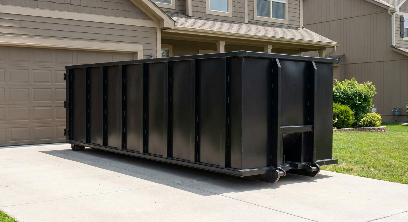 Matte-black residential roll-off dumpster sitting directly on a suburban Waco concrete driveway, garage door closed, single-family home in background, bright morning daylight.
