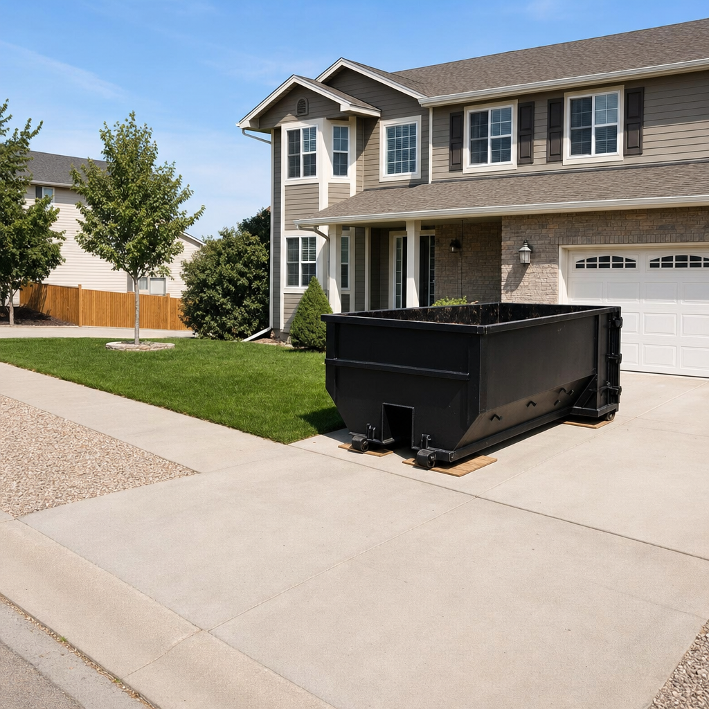 10-yard matte-black residential dumpster placed directly on a narrow Waco concrete driveway, room remains for a parked sedan beside it, mid-morning natural light