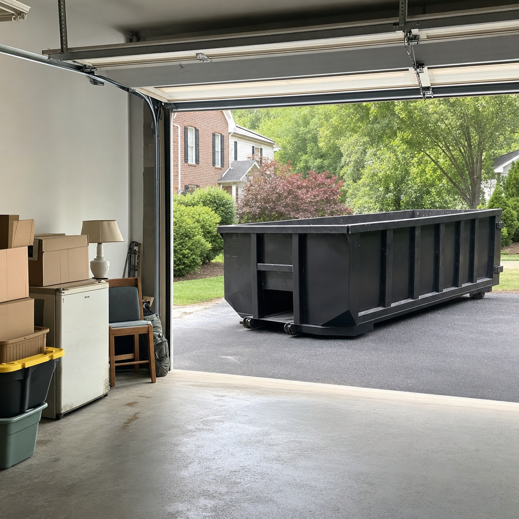 Open garage interior in a Waco home mid-cleanout — boxed items, an old appliance, and stacked yard tools queued near the driveway for a matte-black roll-off dumpster, organized and calm