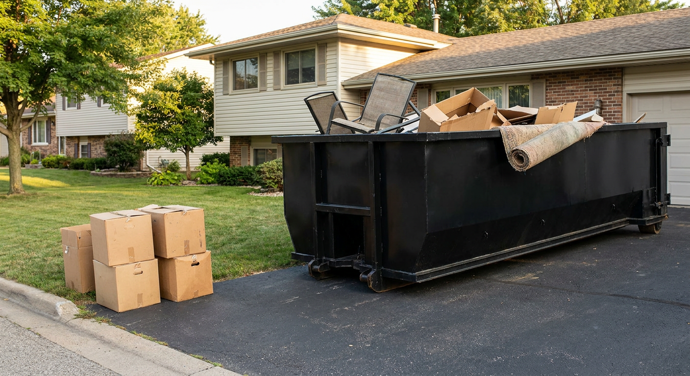 Front-yard view of a Waco split-level home with a 20-yard matte-black roll-off dumpster sitting directly on the asphalt driveway, a few clearly labeled donation boxes staged at the curb, calm sunny afternoon.