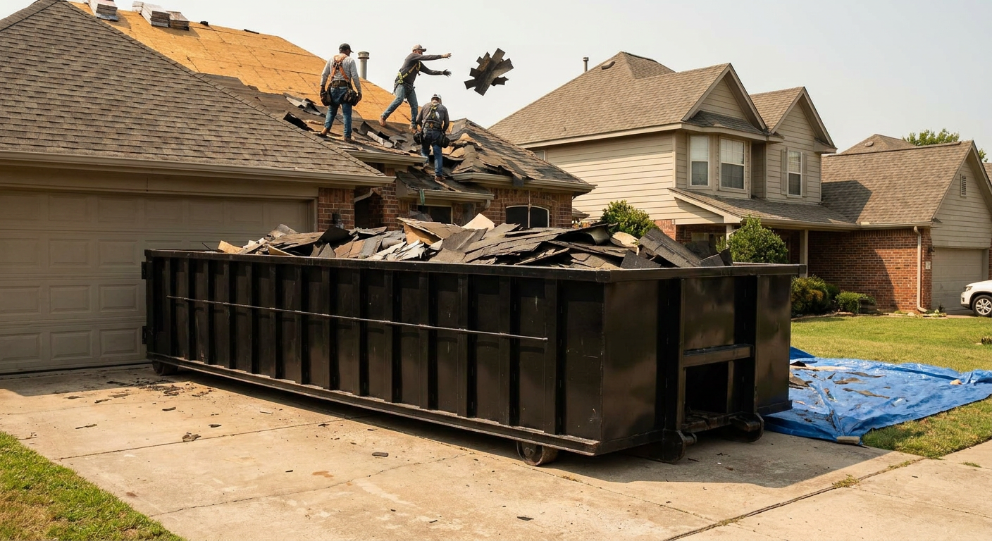 Matte-black roofing roll-off dumpster placed directly on a Waco residential concrete driveway, a tear-off crew on a two-story asphalt-shingle roof tossing shingle bundles into the low-walled container, bright daylight, documentary 35mm perspective.