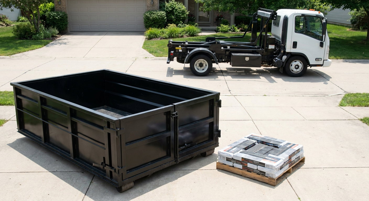 Matte-black 15-yard roofing roll-off dumpster with reinforced low side walls sitting directly on a Waco residential concrete driveway, three-tab asphalt shingle bundles stacked nearby, an unmarked white hauler truck partially visible at the edge of the frame.