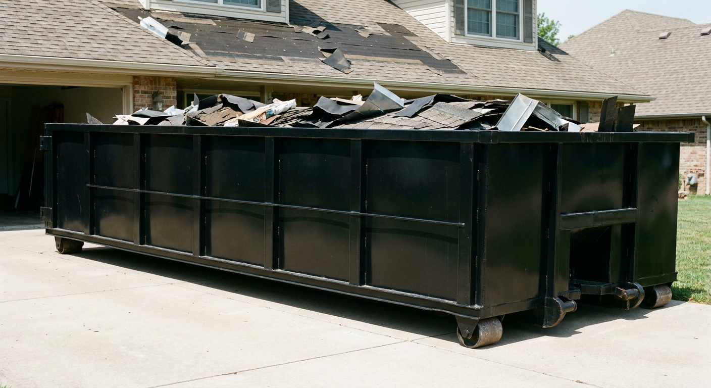 Matte-black 20-yard roofing roll-off dumpster with steel ribbed sides and swinging rear door, sitting directly on the concrete driveway of a two-story Waco home, asphalt shingle debris being loaded over the low wall, clean documentary lighting.
