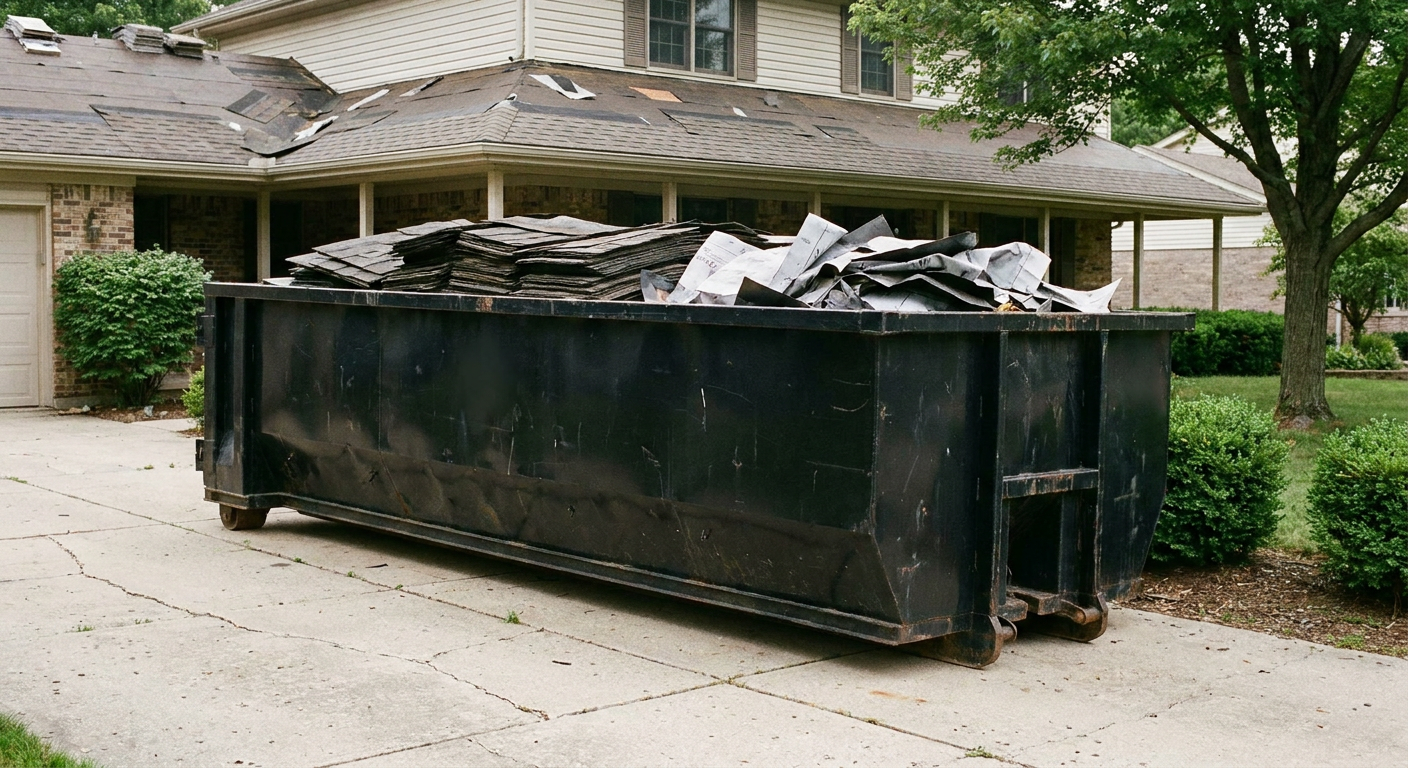 Matte-black 30-yard roofing roll-off dumpster sitting directly on a Waco concrete driveway, taller ribbed steel side panels, mixed tear-off debris of asphalt shingles and underlayment inside, professional documentary daylight.