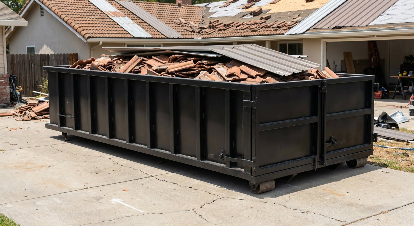 Matte-black low-wall heavy-debris roofing roll-off dumpster sitting directly on a Waco concrete driveway, broken concrete clay roof tiles and metal panel sections loaded inside, reinforced ribbed steel side walls visible, bright outdoor daylight.