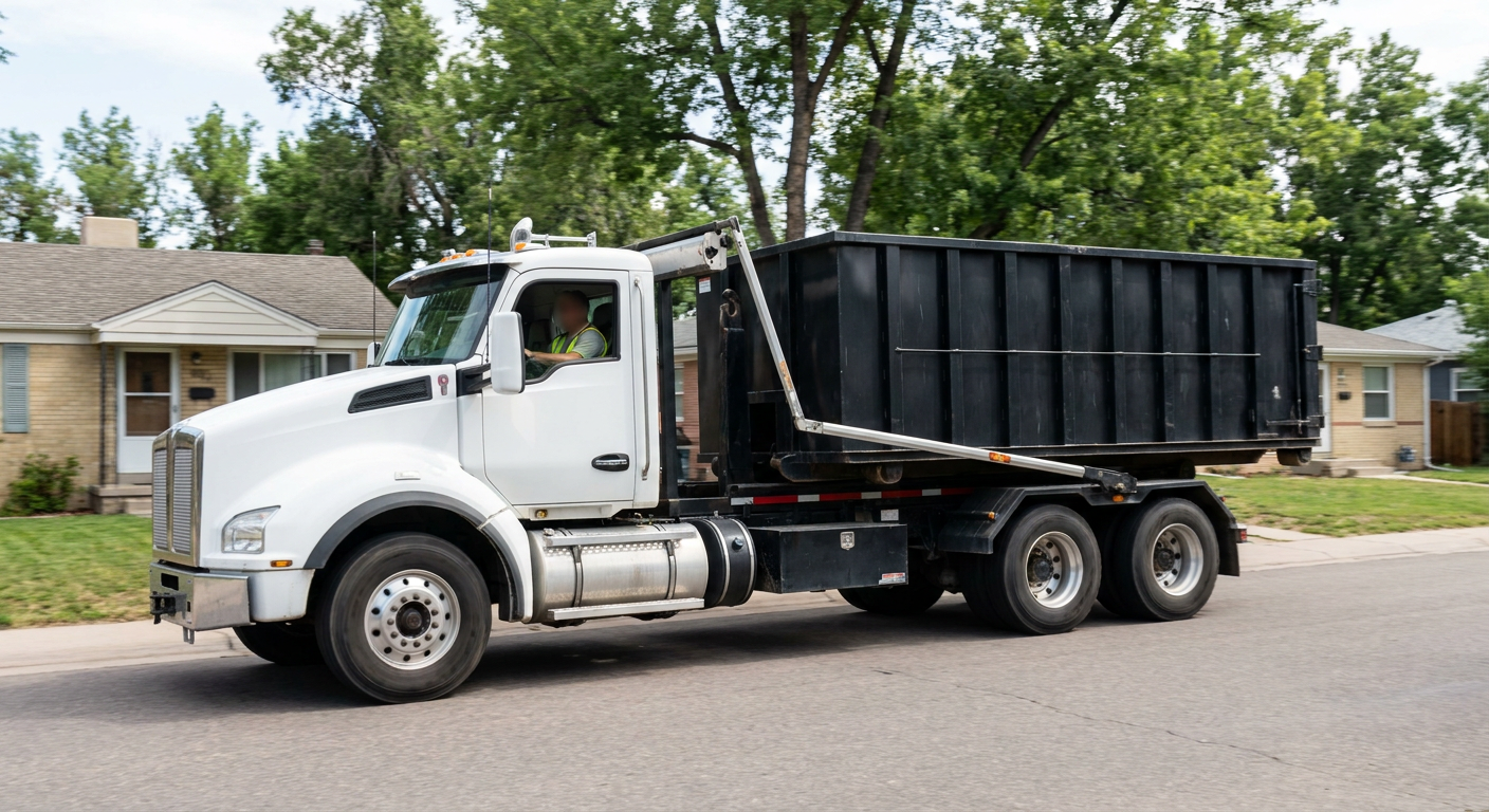 A wide documentary shot of a matte-black roll-off delivery truck pulling onto a quiet Waco residential street at mid-morning, with neighborhood rooftops and tree-lined blocks visible behind, showing the metro coverage footprint.