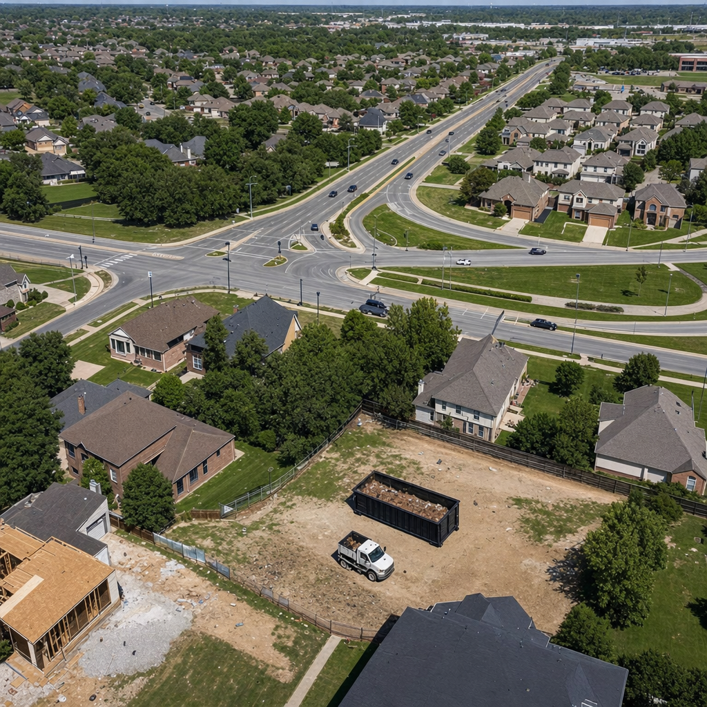 An overhead documentary view of the Waco metro area at midday, showing the spread of neighborhoods, arterial roads, and the dispatch radius from a central yard — clean daylight, organized geographic layout.