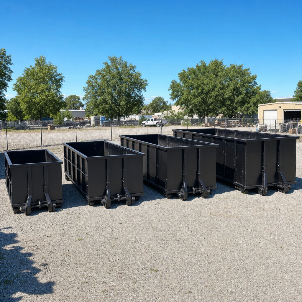 A clean lineup of matte-black roll-off dumpsters in 10, 20, 30, and 40-yard sizes staged on a sunlit gravel yard in Waco, showing the size progression from compact to commercial-scale containers.