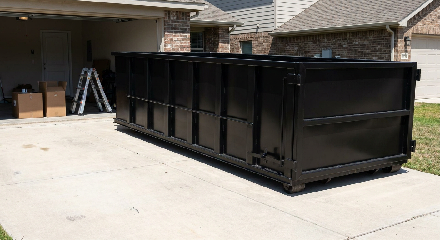A matte-black 10-yard roll-off dumpster sitting directly on a residential Waco concrete driveway, mid-day sunlight, clean and ready for a garage cleanout.