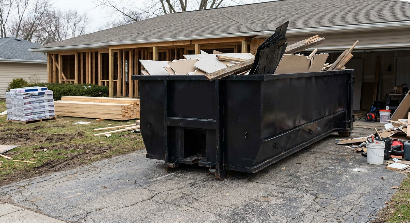 A matte-black 20-yard roll-off dumpster placed alongside a mid-renovation Waco home directly on the asphalt driveway, with framing materials and torn-off shingles staged neatly nearby.