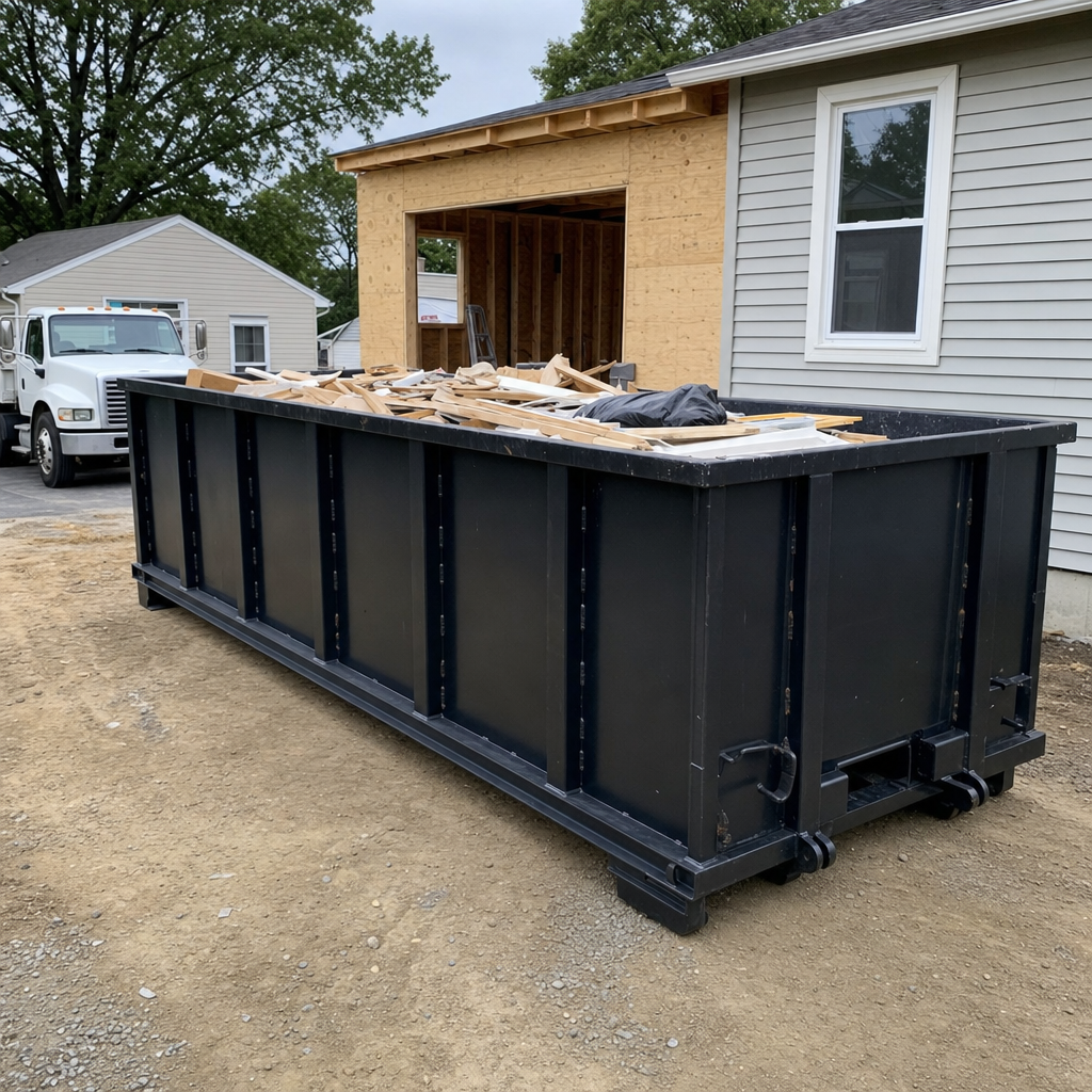 A matte-black 30-yard roll-off dumpster positioned at a Waco residential addition jobsite, with framing lumber and drywall scraps loaded through the open swinging rear doors.