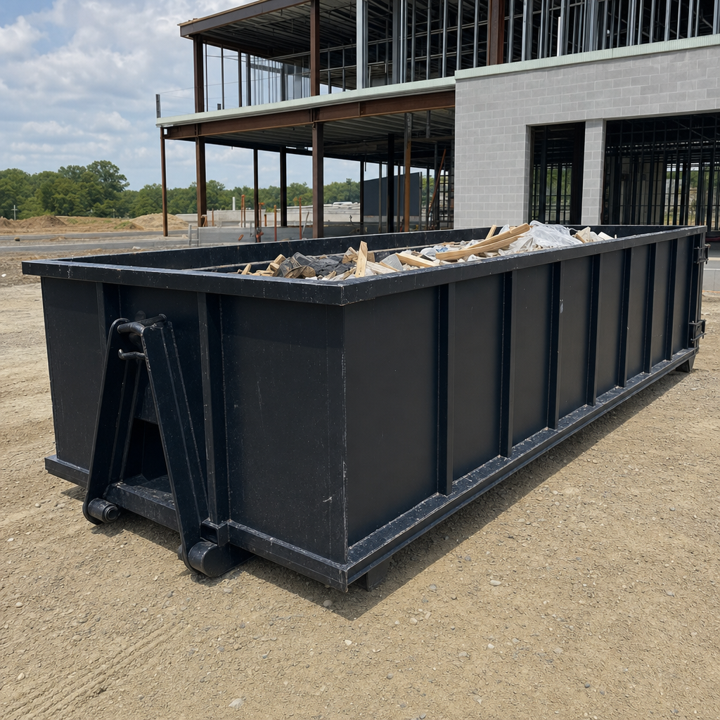 A matte-black 40-yard roll-off dumpster staged on a large Waco commercial construction lot, with a hooklift delivery truck parked alongside under bright midday sky.