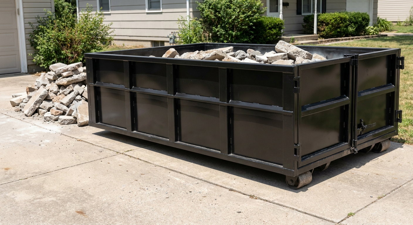 A matte-black low-side heavy-debris roll-off dumpster placed directly on a Waco concrete driveway, with broken concrete chunks neatly stacked beside it under clean daylight.